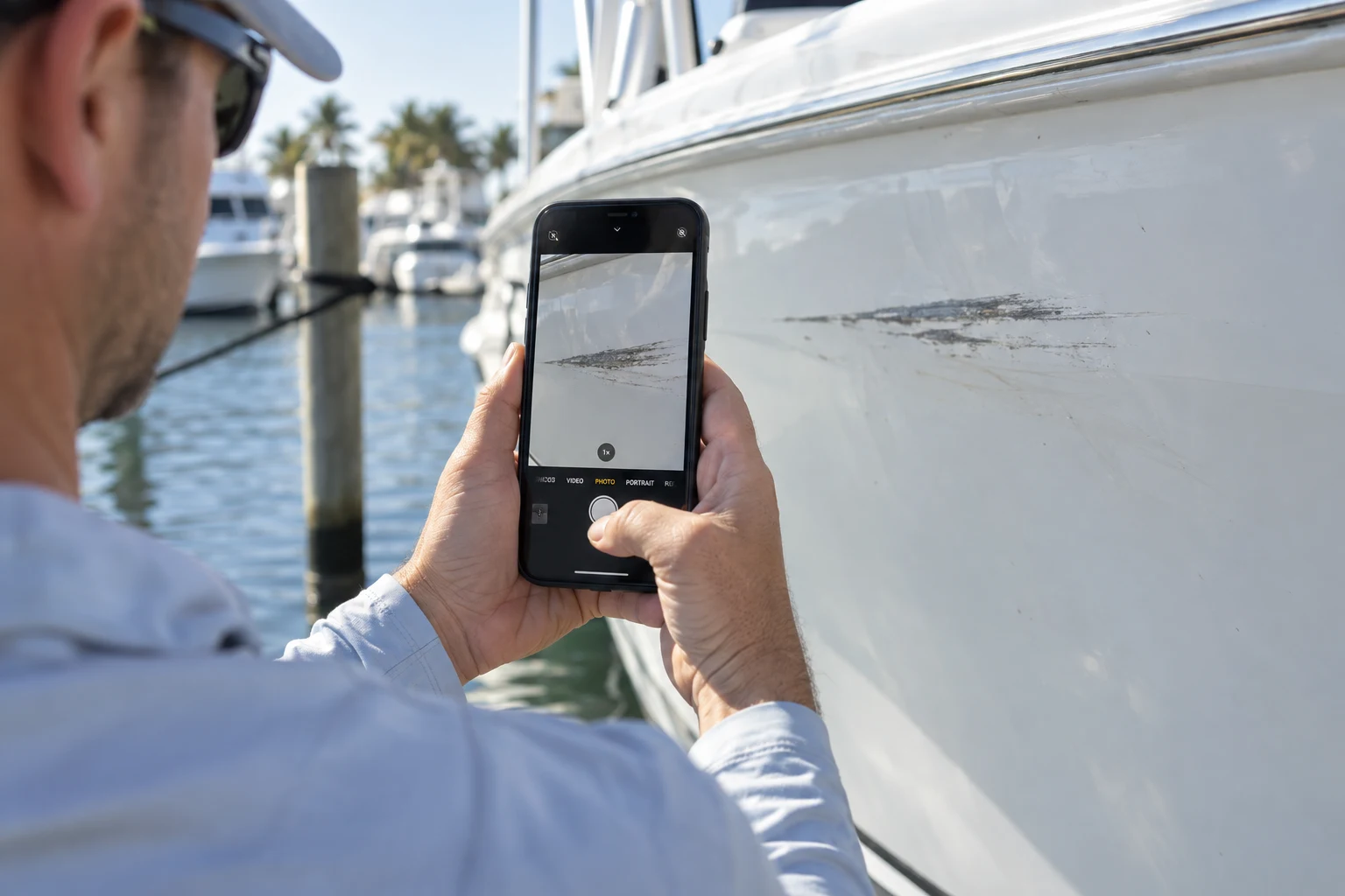 A boat owner photographing visible hull damage at a marina